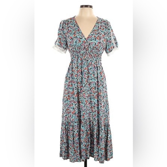 ZARA Boho Blue Red Floral Print V-Neck Lace Midi Dress size extra small - Picture 4 of 13